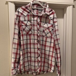 Red and White Plaid Casual Button Down Shirt